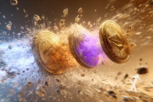 coin bitcoin ethereum xrp sur un fond marron plein d'astéroides