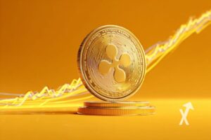 XRP Coin sur un fond orange avec trendline jaune qui monte