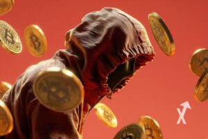 homme en capuche sur un fond orange avec Bitcoin coins autour