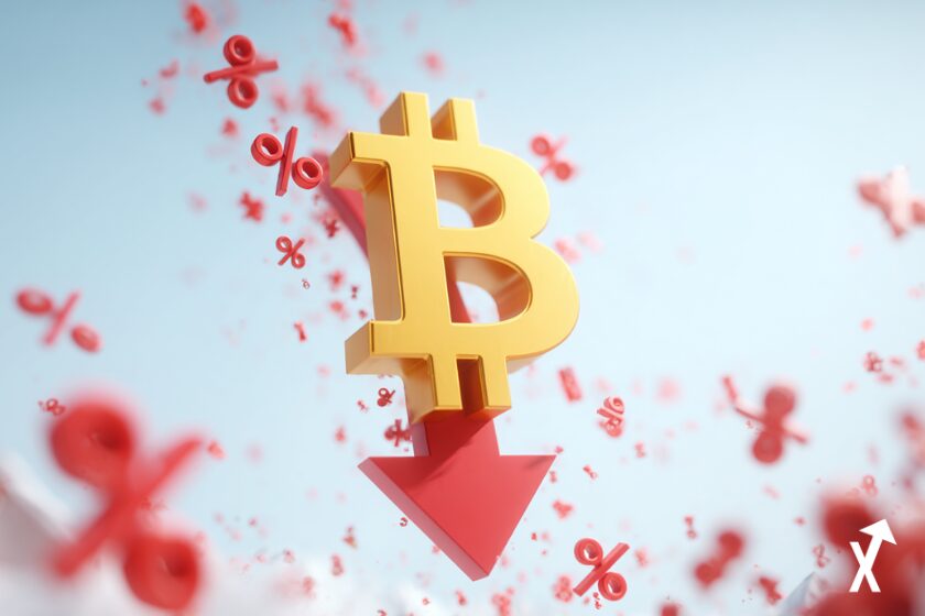 Un grand logo Bitcoin doré tombant vers le bas dans un ciel blanc épuré, flèche rouge descendante en dessous, chiffres de baisse flottants en rouge pâle, style éditorial aéré, fond blanc et rouge pastel, concept financier minimaliste, 8K, profondeur de champ cinématique