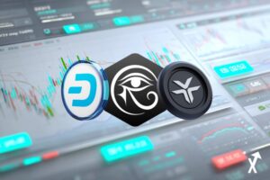 Un tableau de bord financier épuré flottant dans un studio blanc lumineux, graphique en chandeliers bleu et blanc avec bougies vertes et rouges, lignes de données cyan lumineuses, lumière ambiante bleue douce, étiquettes de prix holographiques, panneaux UI minimalistes, sans fond sombre, style fintech éditorial, 8K ravedao dash et dexe coins