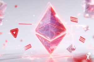 Une grande pièce Ethereum en losange violette lumineuse avec de fines lignes de fissure rouges, flottant au centre sur fond blanc et rose doux, badges bouclier d'alerte rouges flottants autour, logos de protocoles DeFi gelés en dessous, lueur d'alerte rouge douce derrière la pièce, étiquettes de perte en pourcentage holographiques rouges, style éditorial crypto minimaliste, atmosphère lumineuse et aérée, sans tons sombres, 8K, profondeur de champ cinématique