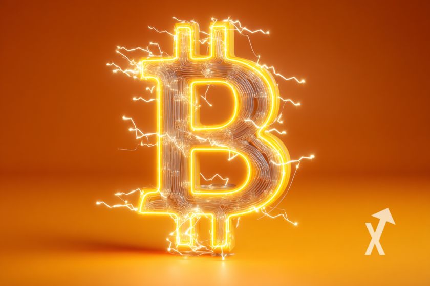coin Bitcoin avec électricité autour sur un fond orange