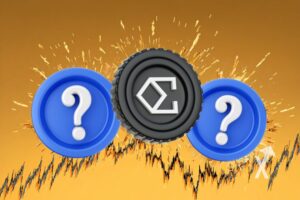 3 cryptos coins avec le jeton ena au centre sur un fond orange avec trendline noire