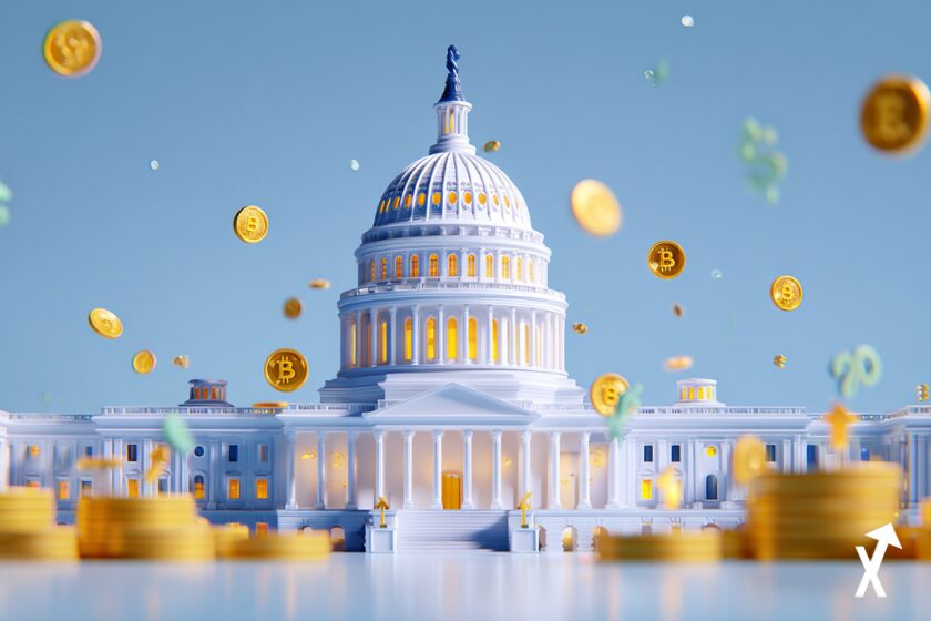 Capitole américain baigné d'une lumière dorée, pièces Bitcoin Ethereum Solana XRP Cardano flottant en orbite au-dessus du dôme, fond blanc et bleu royal lumineux, flèches vertes ascendantes, dollars se transformant en tokens crypto, concept smart money institutionnelle, style éditorial fintech, lueur néon douce, sans tons sombres, 8K ultra-net, composition minimaliste, profondeur de champ cinématique, badges de pourcentages flottants