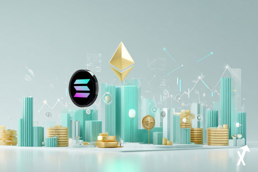 Logo Ethereum fissuré avec un liquide doré qui s'en écoule, logo Solana en ascension sur fond blanc et bleu électrique, nœuds d'écosystème DeFi flottants autour des deux chaînes, flèches vertes ascendantes côté Solana, signaux d'alerte rouges côté Ethereum