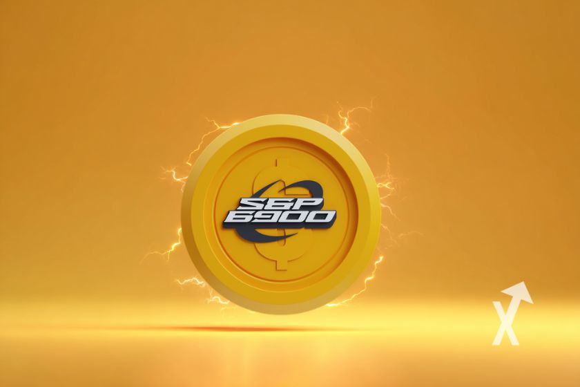 coin spx6900 sur un fond orange avec électricité jaune autour