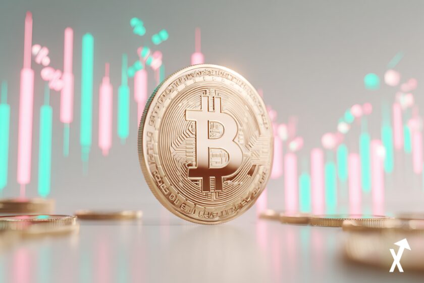 Pièce Bitcoin dorée entourée d'un histogramme MACD lumineux rose sur fond blanc épuré, barres passant du rouge foncé au rose clair, flèches de momentum vertes ascendantes, bougies mensuelles formant un triangle de compression qui se brise à la hausse, concept de flux institutionnels, lumières teal et dorées douces, style éditorial fintech, 8K ultra-net, sans tons sombres, composition minimaliste, profondeur de champ cinématique, badges flottants