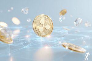 Illustration financière numérique lumineuse et épurée montrant une pièce XRP dorée s'élevant au-dessus d'un réseau blockchain, avec des actifs du monde réel tokenisés (obligations, lingots d'or, diamants) flottant comme des hologrammes. Arrière-plan dégradé bleu et blanc, esthétique institutionnelle, style éditorial fintech, lumières vives et design minimaliste.