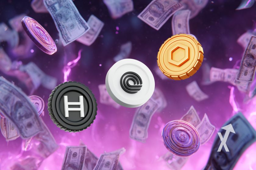 3 coins Link ondo hbar sur un fond rose avec des dollars qui volent