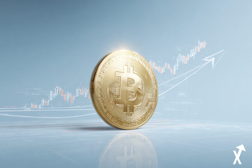 bitcoin coin doré entouré de bleu et trading chart