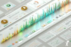Tableau de bord financier lumineux illustrant la rotation vers les altcoins, graphiques en barres colorés avec tons vert et bleu brillants, fond blanc épuré, design plat moderne, logos Bitcoin et altcoins en suspension, atmosphère de marché haussier, style infographique crypto professionnel, lumière douce, détails nets