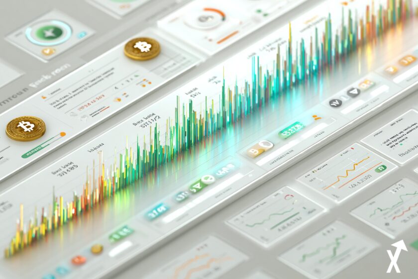 Tableau de bord financier lumineux illustrant la rotation vers les altcoins, graphiques en barres colorés avec tons vert et bleu brillants, fond blanc épuré, design plat moderne, logos Bitcoin et altcoins en suspension, atmosphère de marché haussier, style infographique crypto professionnel, lumière douce, détails nets