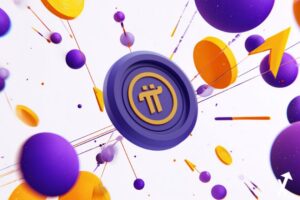 Symbole Pi géant lumineux flottant au-dessus d'un smartphone, tons violet intense et jaune électrique, pièces dorées en orbite, flèches ascendantes jaune vif, nœuds réseau blockchain en violet profond, fond blanc épuré, illustration crypto éditoriale audacieuse, design plat vibrant et professionnel