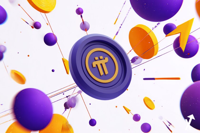 Symbole Pi géant lumineux flottant au-dessus d'un smartphone, tons violet intense et jaune électrique, pièces dorées en orbite, flèches ascendantes jaune vif, nœuds réseau blockchain en violet profond, fond blanc épuré, illustration crypto éditoriale audacieuse, design plat vibrant et professionnel