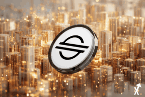 Single glowing XLM Stellar coin suspended in mid-air, surrounded by thin golden orbiting rings representing tokenized real-world assets, pure white background, soft ambient glow, clean geometric shapes, premium financial product aesthetic, 3D render style, no clutter, editorial luxury tech