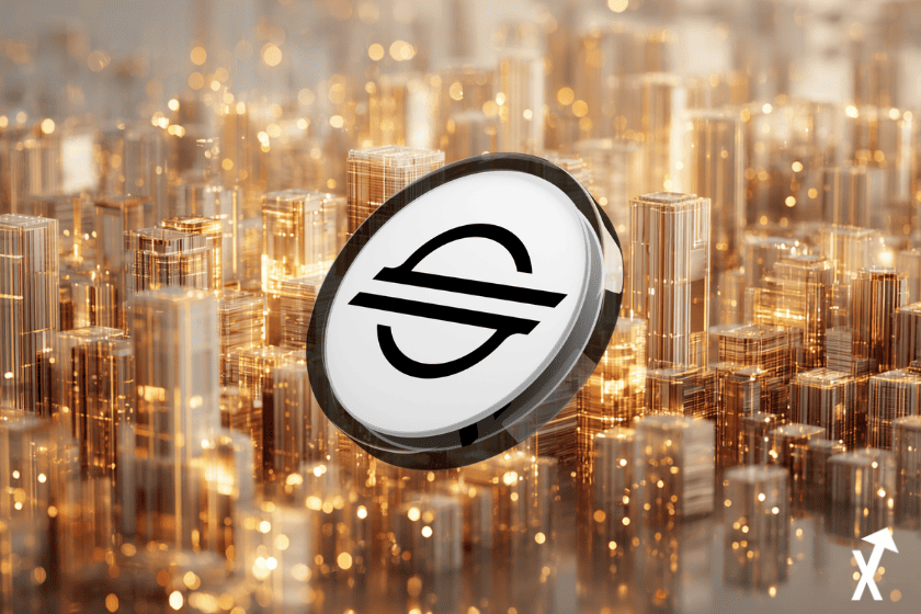 Single glowing XLM Stellar coin suspended in mid-air, surrounded by thin golden orbiting rings representing tokenized real-world assets, pure white background, soft ambient glow, clean geometric shapes, premium financial product aesthetic, 3D render style, no clutter, editorial luxury tech