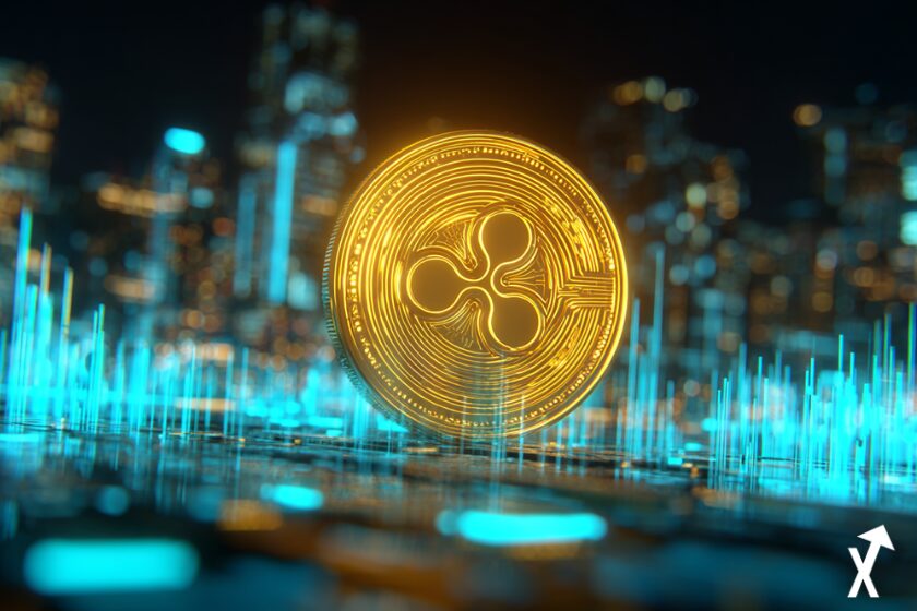 Pièce XRP Ripple dorée irradiant des faisceaux d'énergie bleu électrique, entourée de graphiques en barres néon montant en flèche, flux de données ETF holographiques, tours bancaires translucides baignées de lumière cyan, silhouettes de baleines transportant des pièces lumineuses, palette bleu électrique intense et or profond, atmosphère néon incandescente, couleurs ultra-vibrantes, éditorial financier cinématique, rendu 3D hyperréaliste --