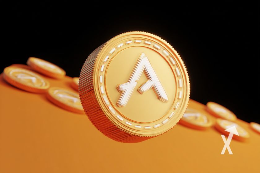 Algorand coin sur un fond noir et orange avec d'autres ALGO coins derrière