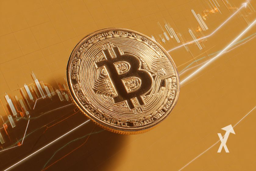 coin Bitcoin sur un fond orange avec trendline jaune