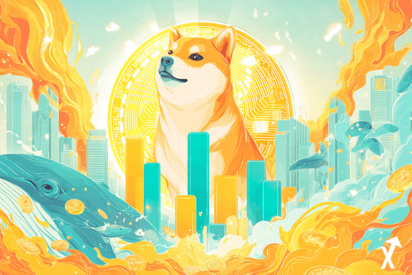 Illustration editoriale lumineuse d un grand shiba inu dore rayonnant entoure de flammes de combustion neon orange et or, graphiques en barres montants en sorbet turquoise et jaune vif, noeuds reseau Shibarium flottants en lumiere cyan, silhouettes de baleines accumulant des pieces aux portes de sortie des exchanges, ciel pastel doux en bleu et jaune chaud, style crypto editorial plat et vibrant, lumineux et professionnel, sans tons sombres