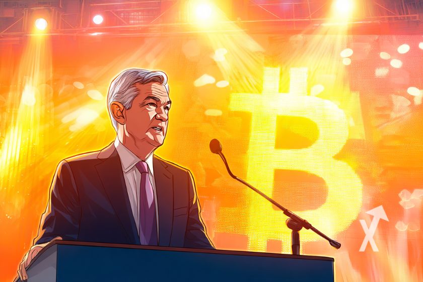 Jerome Powell derrière son pupitre avec Bitcoin logo en jaune
