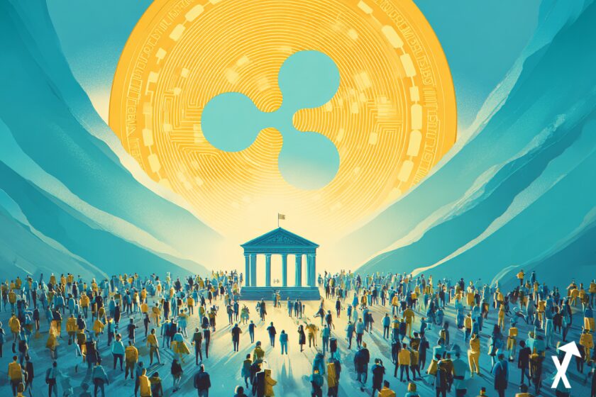 Illustration editoriale lumineuse d une piece XRP flottant au-dessus d une armee de petits investisseurs retail tenant leurs coins fermement, ombre lumineuse du Bitcoin dirigeant les flux de marche en arriere-plan, bouclier quantique electrique enveloppant le reseau XRP Ledger, silhouette du Senat americain en tons or doux, palette bleu electrique et turquoise intense, fond clair epure, style crypto financier plat et moderne, lumineux et professionnel