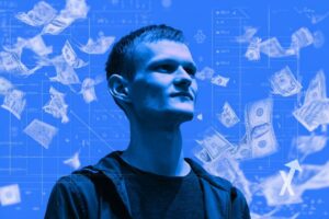 vitalik buterin sur un fond bleu avec billets dollars