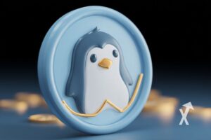 coin pengu sur un fond bleu noir avec coin jaune en fond