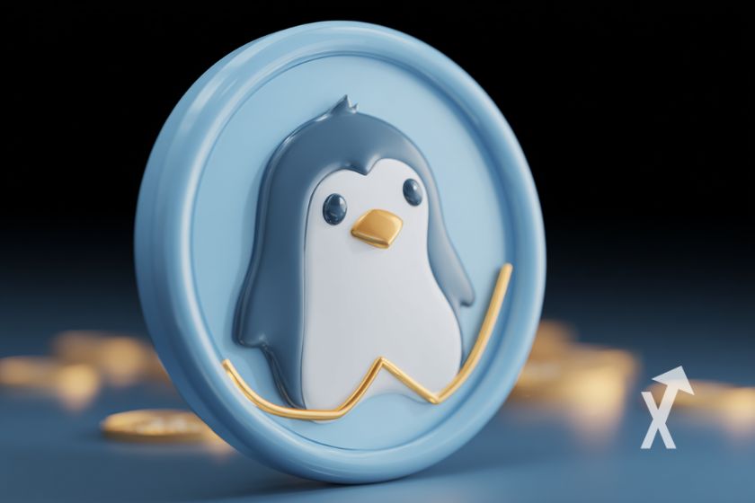 coin pengu sur un fond bleu noir avec coin jaune en fond