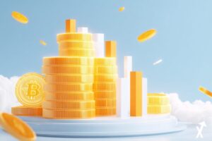 Illustration éditoriale lumineuse de pièces de Bitcoin dorées empilées sur un fond bleu ciel épuré, graphique à barres ascendant composé de pièces BTC brillantes, rayons de lumière dorés et chauds, métriques financières flottantes et étiquettes orange, sans personnage humain, design plat minimaliste, atmosphère lumineuse et aérée, esthétique magazine financier, lignes géométriques nettes, tons blanc et bleu avec accents dorés