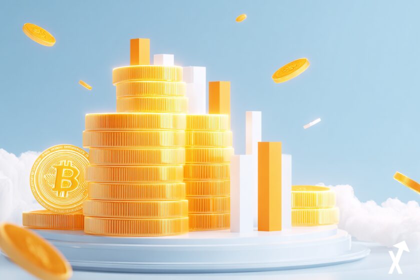 Illustration éditoriale lumineuse de pièces de Bitcoin dorées empilées sur un fond bleu ciel épuré, graphique à barres ascendant composé de pièces BTC brillantes, rayons de lumière dorés et chauds, métriques financières flottantes et étiquettes orange, sans personnage humain, design plat minimaliste, atmosphère lumineuse et aérée, esthétique magazine financier, lignes géométriques nettes, tons blanc et bleu avec accents dorés