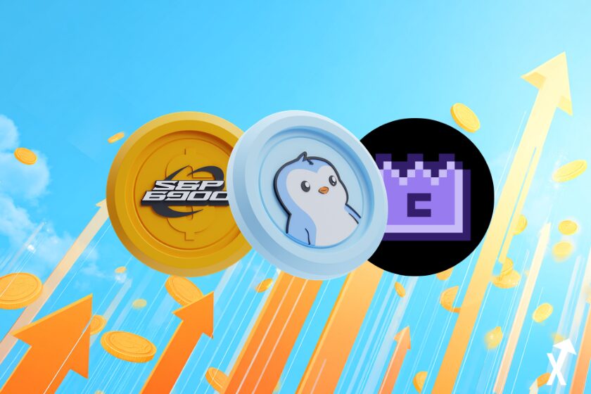 Illustration éditoriale épurée de trois pièces de cryptomonnaie brillantes flottant sur un fond bleu ciel, graphiques de prix ascendants, rayons de lumière dorés et chauds, couleurs accentuées orange et bleu, pièce avec mascotte pingouin, barres de graphique abstraites, sans personnage humain, design plat minimaliste, atmosphère lumineuse et aérée, esthétique magazine financier, lignes géométriques nettes