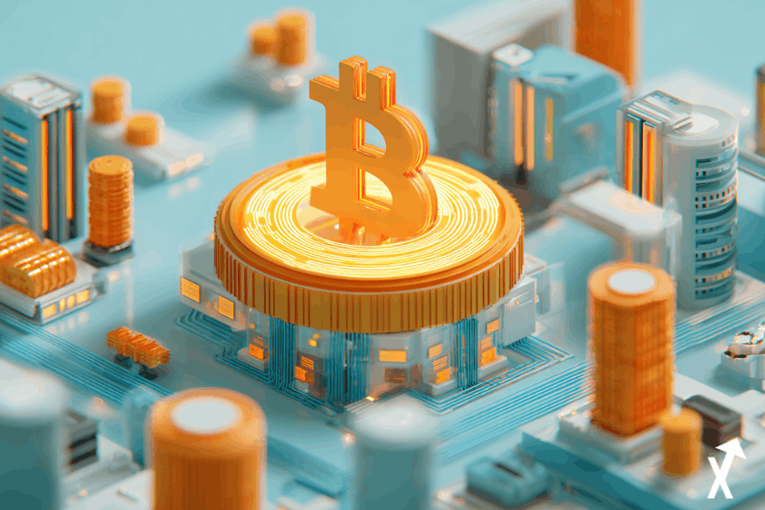 Bitcoin se transformant en centre de données IA lumineux, pièces Bitcoin dorées flottant au-dessus de serveurs, fond bleu ciel, rayons de lumière chauds, accents orange et bleu, sans personnage humain, design plat minimaliste, esthétique magazine financier, lignes géométriques nettes