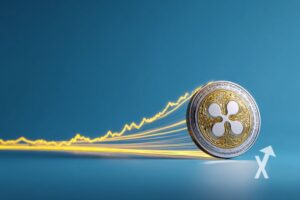 Xrp coin sur un fond bleu avec trendline jaune