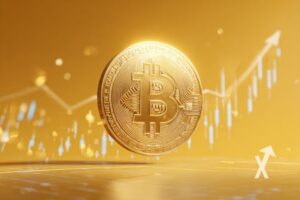 coin Bitcoin sur un fond orange avec trendline de bougie derrière