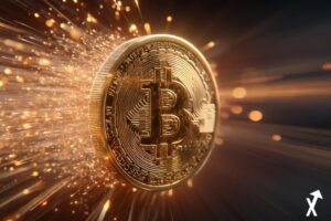 Une pièce Bitcoin dorée en lévitation au centre du cadre, entourée de rayons de lumière rayonnants et de particules d'énergie lumineuses, arrière-plan dégradé orange chaud et ambré, éclairage volumétrique cinématographique, détails ultra-nets sur la surface de la pièce, rayons de lumière jaillissant vers l'extérieur, esthétique puissance financière, composition épurée, aucune teinte sombre, rendu photoréaliste, qualité 8K