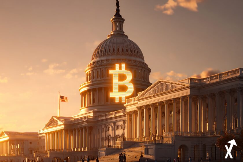 Le Capitole des États-Unis à l'heure dorée, baigné d'une lumière chaude ambrée et orangée, un immense symbole Bitcoin lumineux projeté sur le dôme, silhouettes de sénateurs au premier plan, rayons de lumière jaillissant du bâtiment, drapeau américain qui flotte, composition cinématographique épurée, aucune teinte sombre, rendu photoréaliste, esthétique puissance financière, qualité 8K