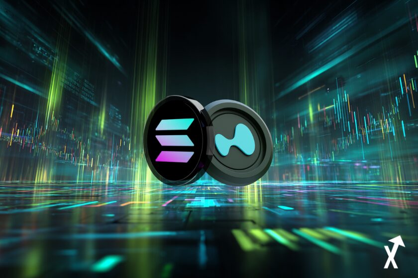solana et hyperliquid coins sur fond blockchain futuriste verte et noire intense