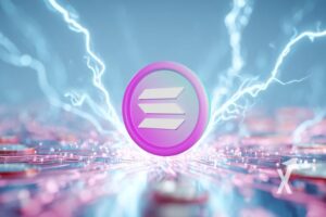 Coin solana sur un fond bleu et rose avec électricité bleue