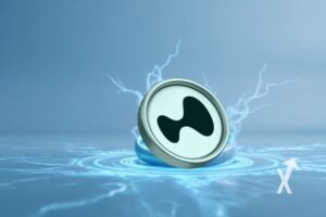 coin hyperliquid HYPE sur un fond bleu avec électricité