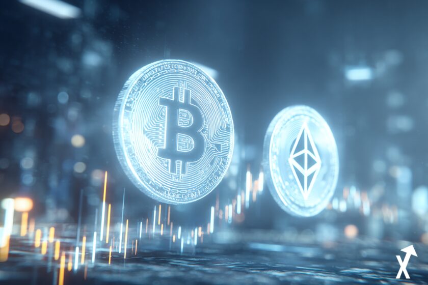 Illustration photoréaliste d'un Bitcoin et d'un Ethereum lumineux flottant au-dessus d'un terminal de trading épuré avec des courbes haussières, lumière bleue et blanche, silhouettes d'investisseurs institutionnels en arrière-plan, esthétique fintech minimaliste et lumineuse, résolution