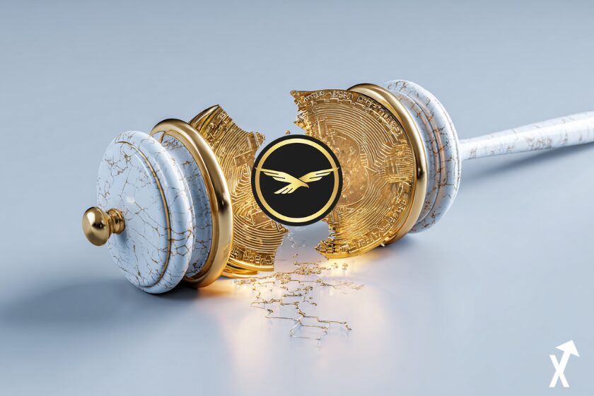 Illustration éditoriale photoréaliste d'un token doré WLFI fissuré en deux, marteau de tribunal d'un côté et smart contract blockchain lumineux de l'autre, éclairage professionnel bleu et blanc doux, esthétique fintech minimaliste, atmosphère claire et épurée, résolution