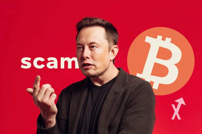 Elon musk sur un fond rouge avec Bitcoin logo et "scam" écrit en blanc