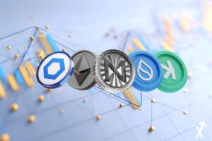 Cinq tokens crypto lumineux au-dessus d'un graphique trading avec triangles ascendants et wedges, palette bleu néon et or, fond blanc épuré, style illustration éditoriale financière, ultra propre Ethereum, Chainlink, Sui, Kaspa, NEAR