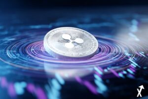 Pièce XRP Ripple flottant au-dessus d'un dashboard financier blanc épuré, réseau bancaire mondial reliant des noeuds institutionnels, rayons bleu électrique et argent, fond blanc immaculé, illustration éditoriale fintech premium, flèche de prix haussière, sans texte, ultra net