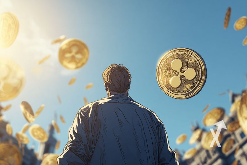 xrp coin dans un ciel bleu avec homme de dos