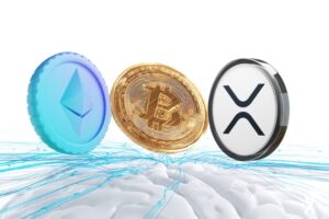 Pièces Bitcoin Ethereum et XRP dorées flottant au-dessus d'un réseau neuronal IA lumineux fond blanc, flux de données bleu électrique et or reliant les trois actifs, illustration éditoriale fintech premium, projections graphiques haussières, sans texte, ultra propre