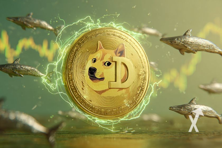 dogecoin sur un fond vert avec électricité et petites baleines