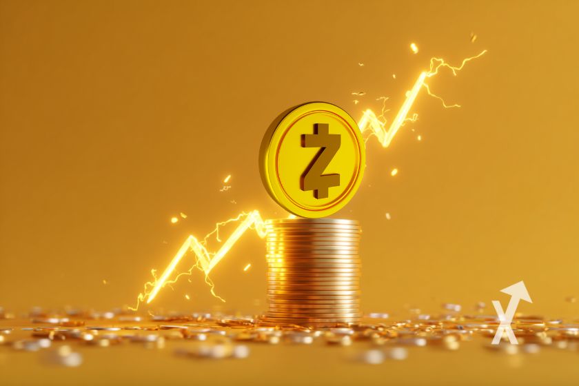 Coin Zcash sur un tas de coins en or sur un fond orange et trendline en jaune qui monte en fond